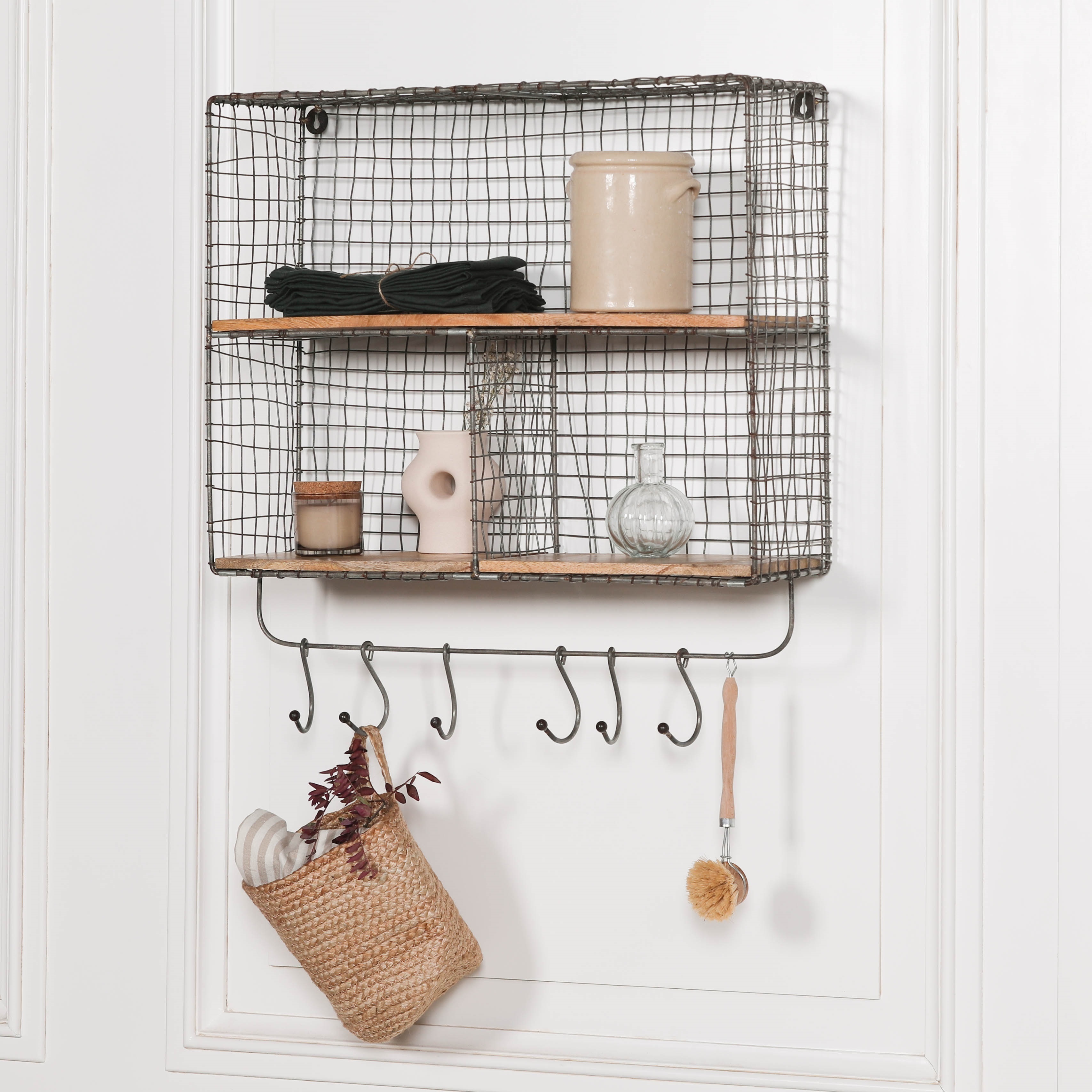 Wire 3 Compartment Wall Shelf with Wood Shelves and Hooks - Image 2