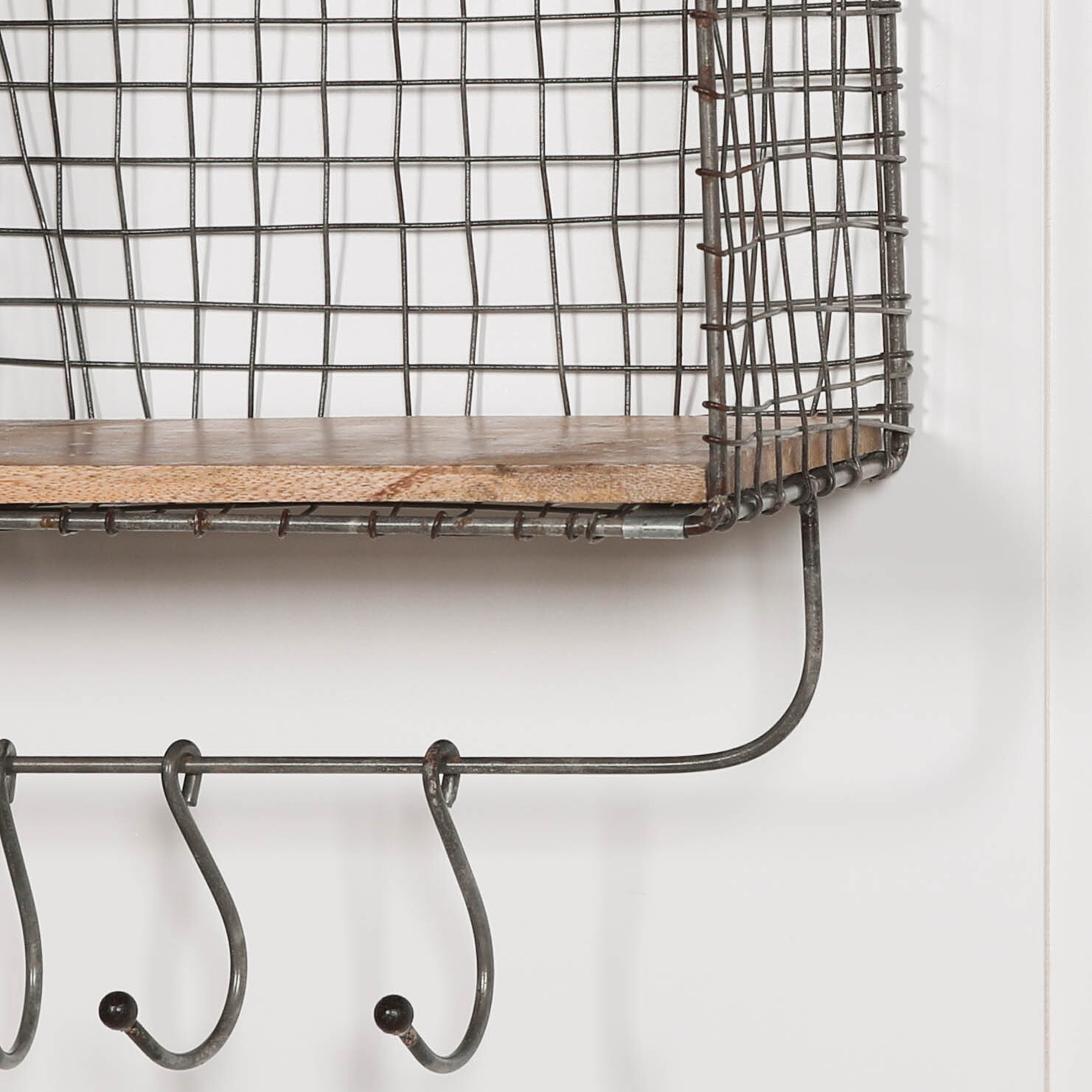 Wire 3 Compartment Wall Shelf with Wood Shelves and Hooks - Image 4