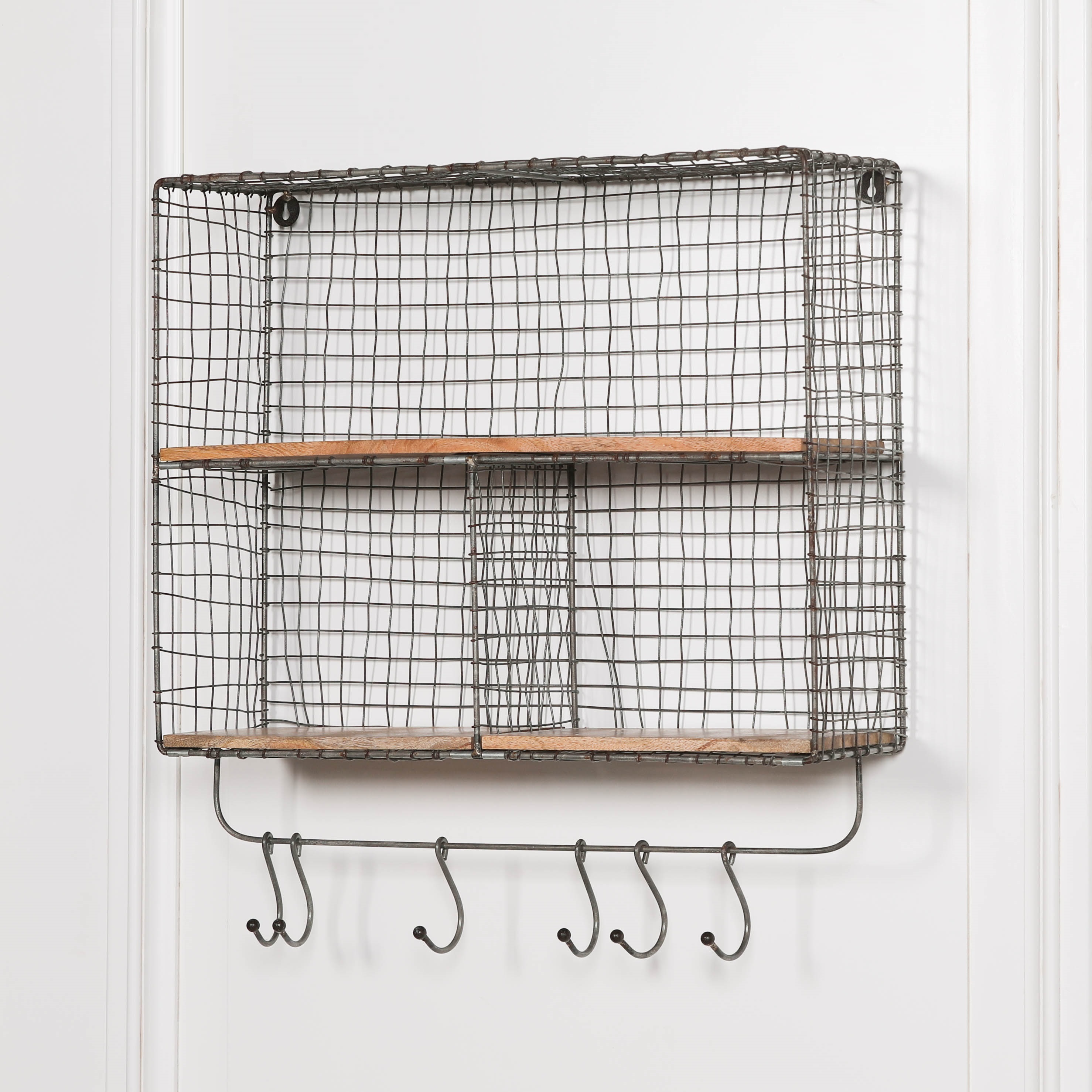 Wire 3 Compartment Wall Shelf with Wood Shelves and Hooks - Image 3